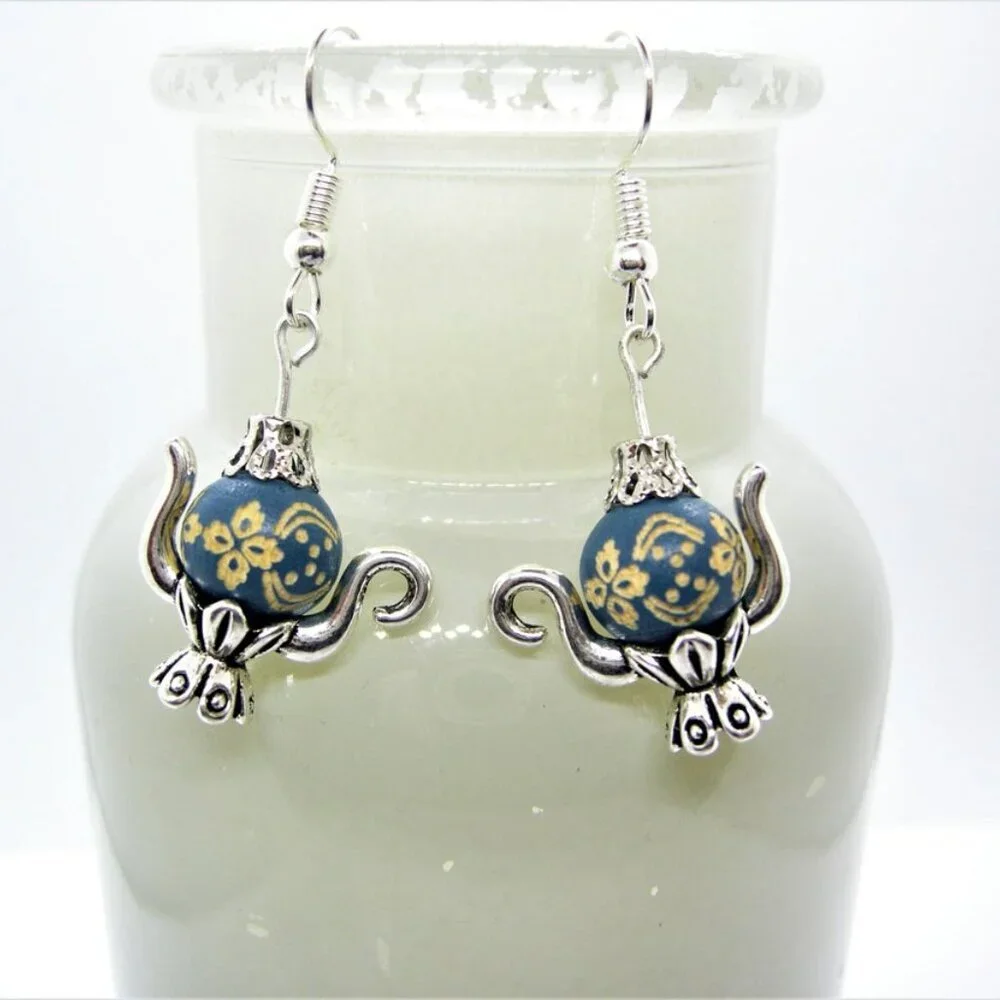Handcrafted Teapot Earrings Dark Blue with Sterling Silver Hooks - Picture 4 of 7